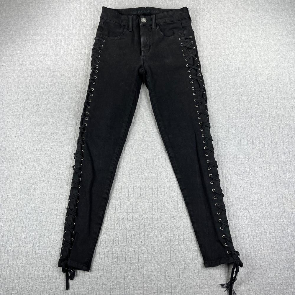 American Eagle Goth Death Core Women 2 Short 24x25 Black Lace Up  360 Stretch